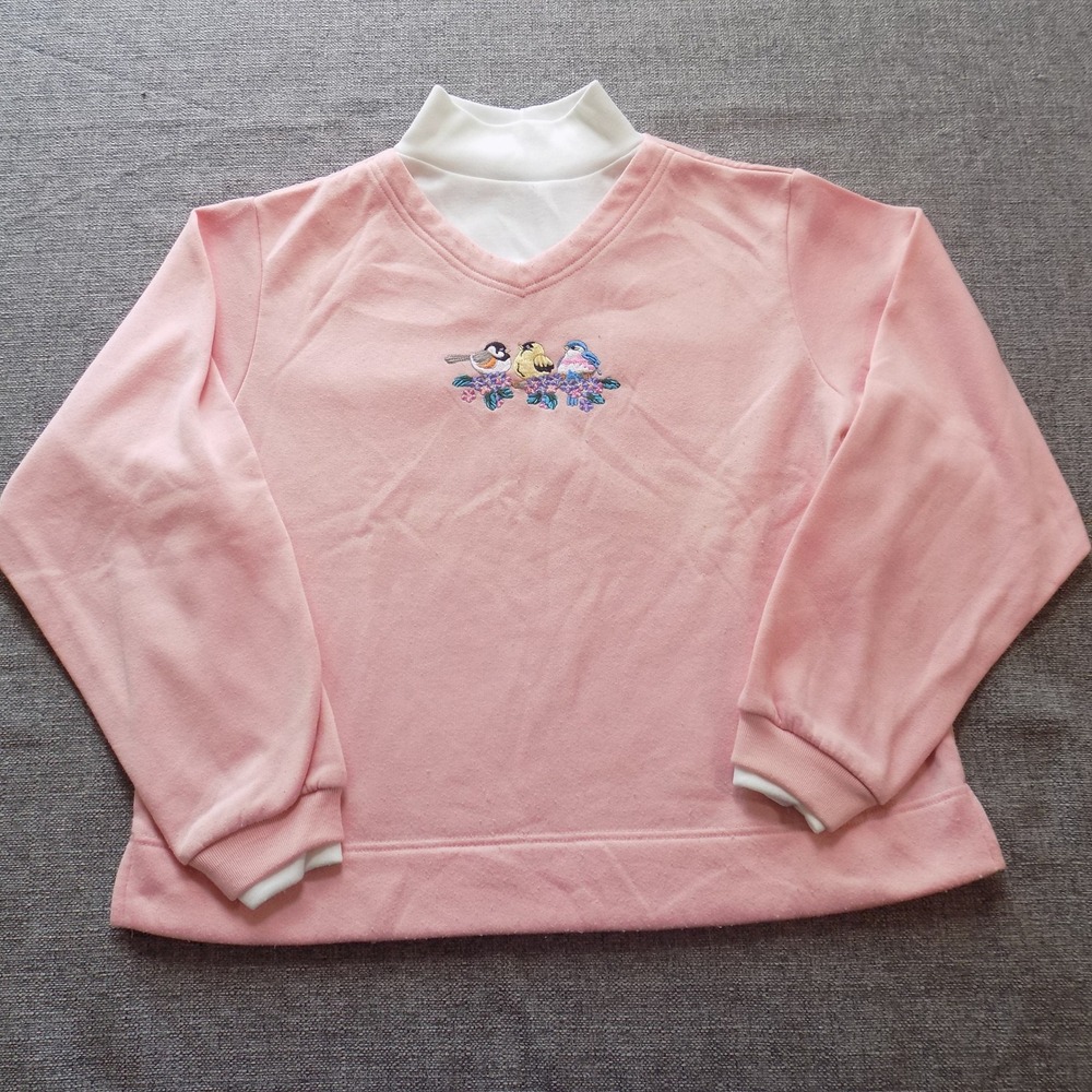 220 Hickory Sweatshirt Women Medium Pink Good Bird Embroidery Layered Mock Neck